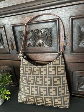 Brown Patterned Shoulder Bag with Leather Strap
